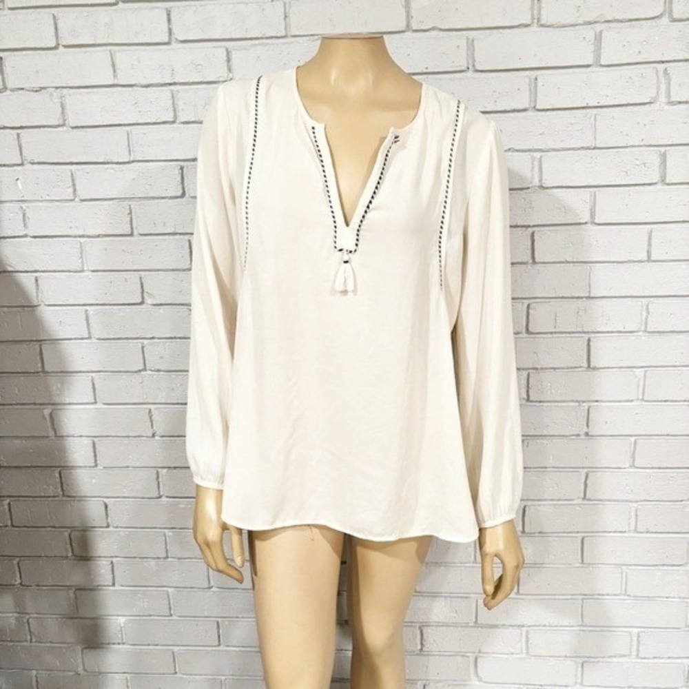J.Crew Ivory Tassel V-Neck Peasant Blouse Embroidered Boho Excellent 12